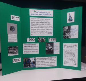A green display shows dates, pictures and texts detailing milestones of the Disability Rights movement