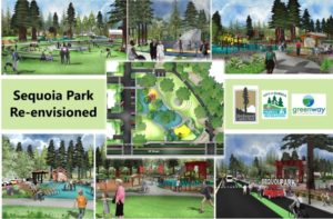 A photo-collage shows several artist representations of the Sequoia Park potential re-design.